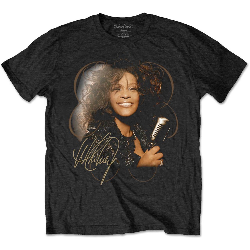 Whitney Houston - Vintage Mic Photo Heren Tshirt - Zwart